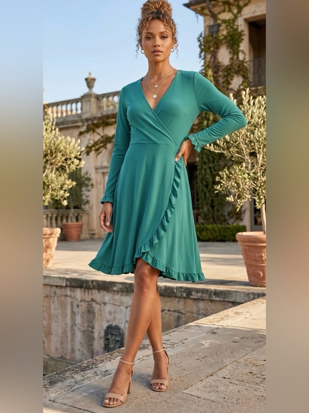 NWOT GILlIE faux wrap long sleeve dress, Size: M, Color: Green